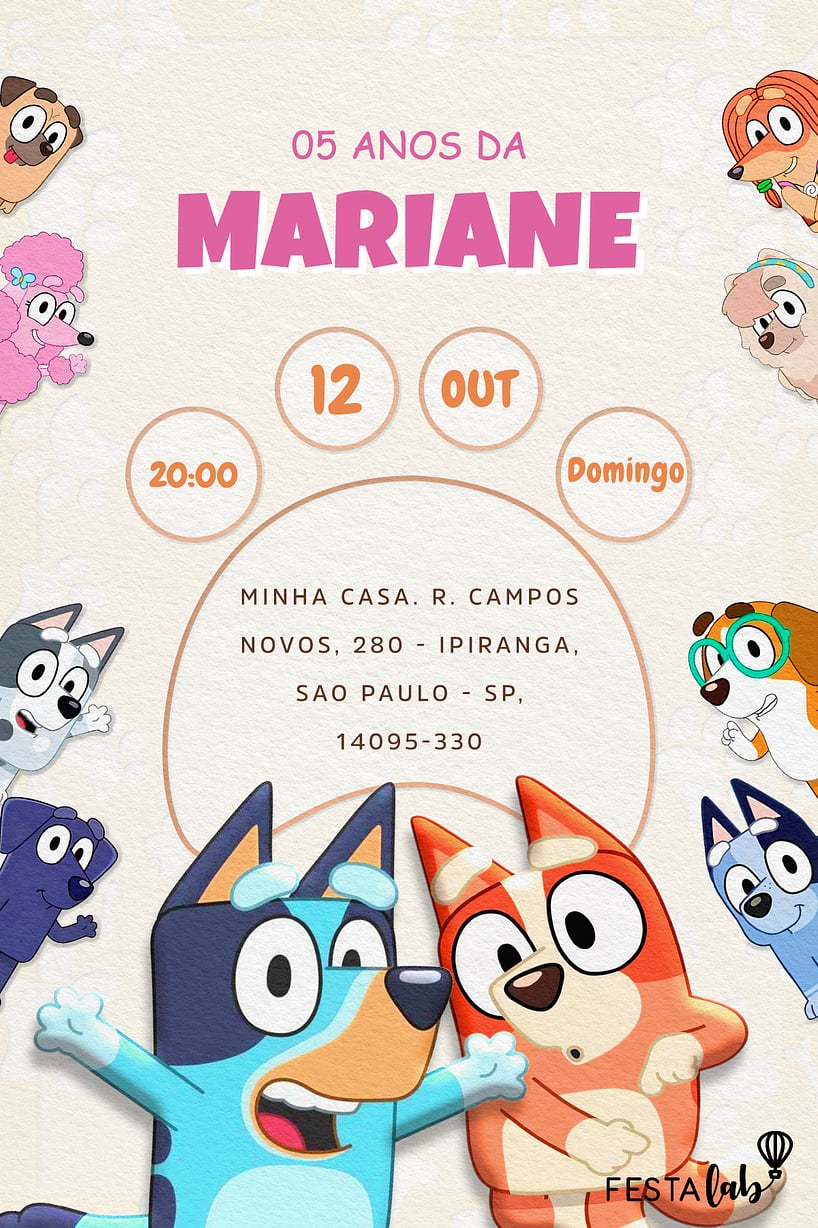 Convite de Aniversario - Bluey e seus Amigos Rosa